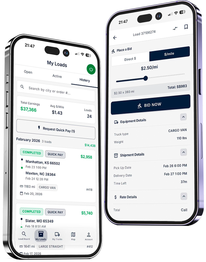 CargoETL app showing load board and bid placement